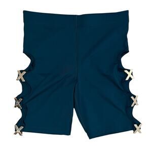 Savage X Fenty Teal Cut Out Bike Shorts with Gold “X” Hardware – Size L